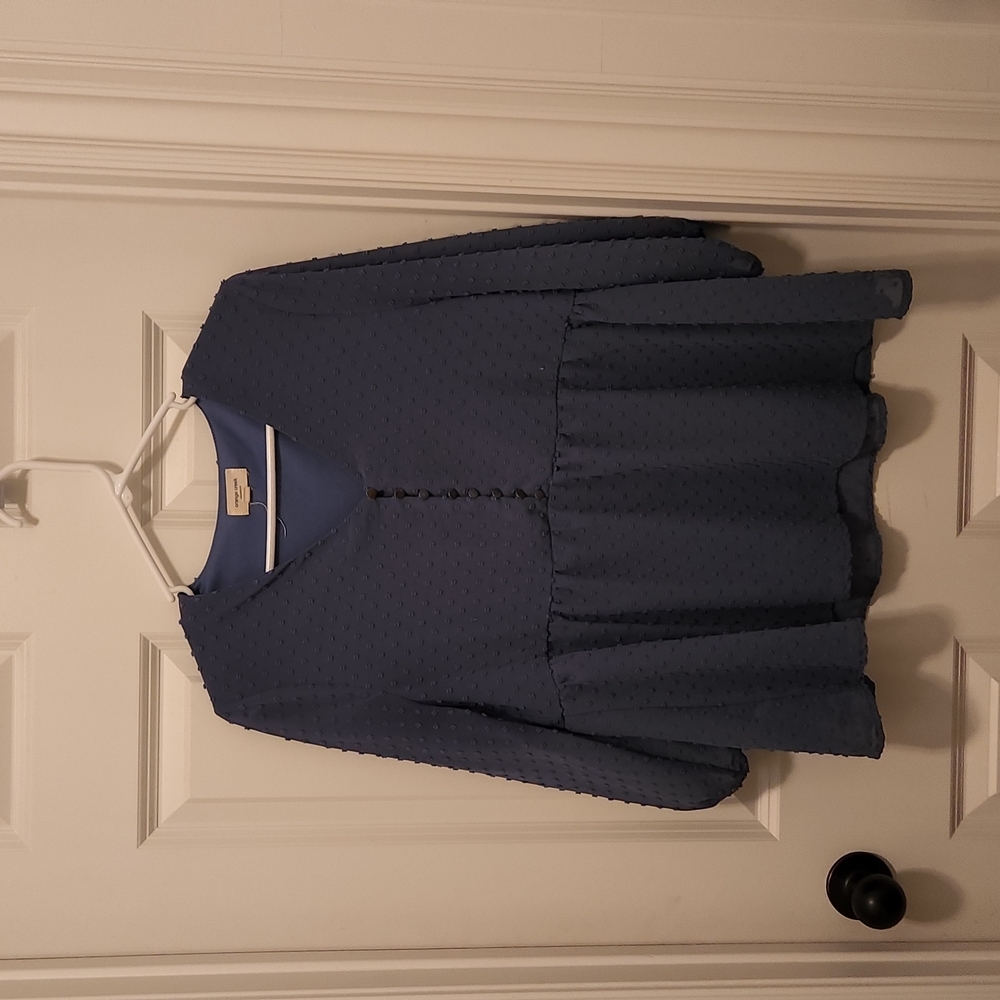 Dusty blue Swiss dot with brass buttons  top